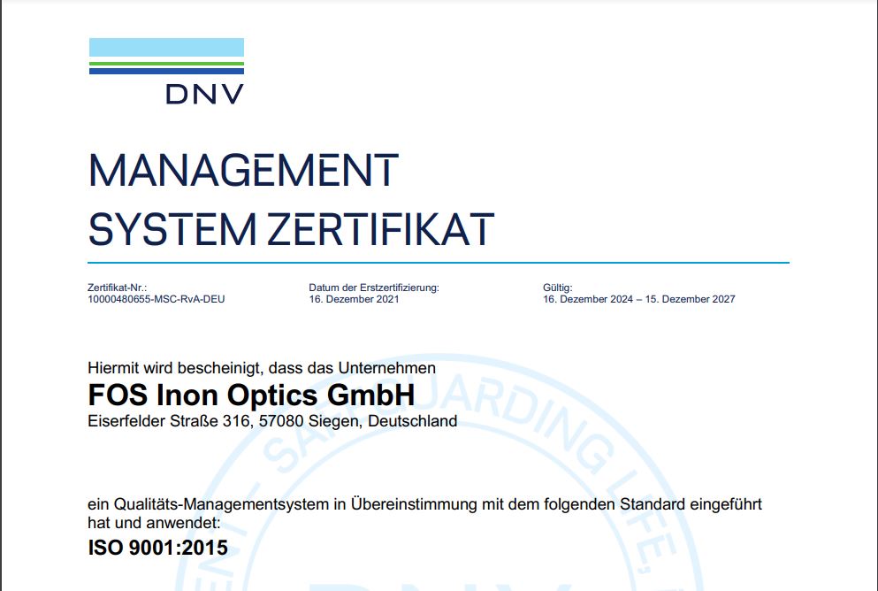 FOS Inon GmbH confirms QM-ISO 9001:2015 certification and focuses on future standards